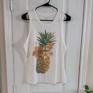 Lucky Brand Cream Pineapple Floral Tank Top Paper Thin